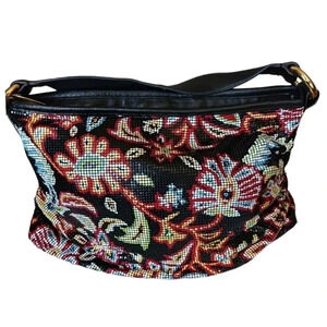 Whiting & Davis metal mesh shoulder bag floral print leather trim multicolor